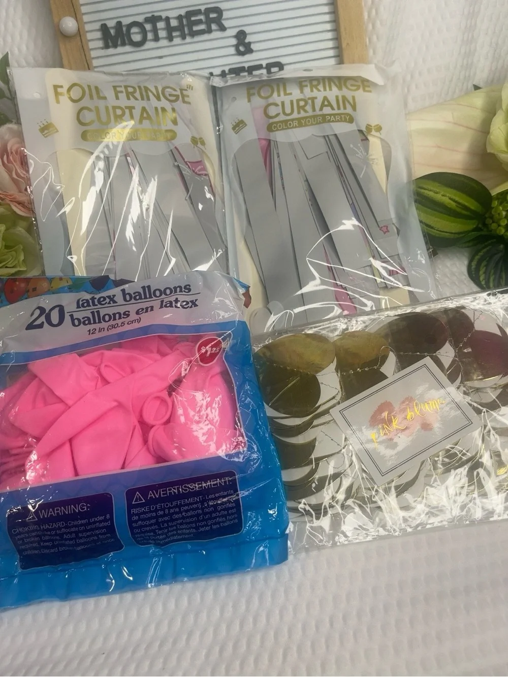 Foil Fringe Curtain & Pink Latex Balloons Party Kit gold hearts